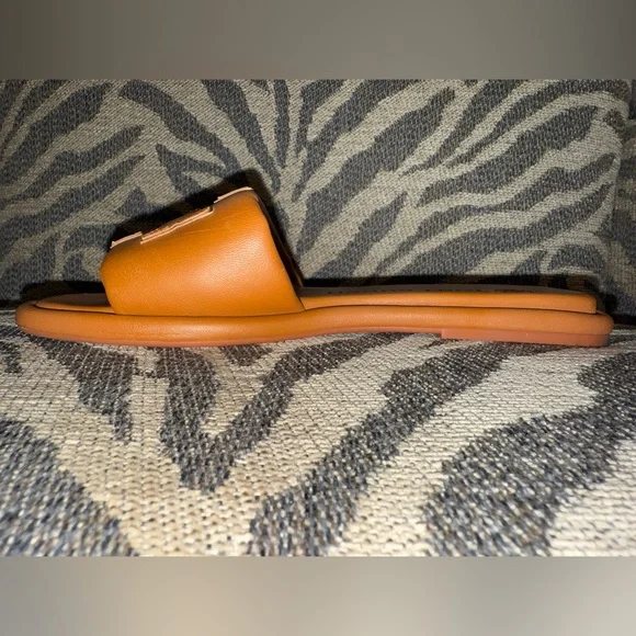 Tory Burch Tan Sport Leather Slides with Gold Detailing Double T size 7 - Picture 7 of 12